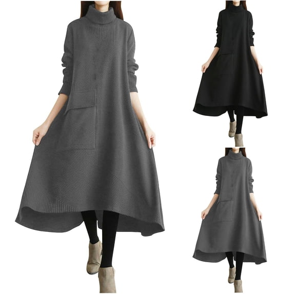 QATAINLAV Women's Turtleneck Casual Dress Corduroy Maxi Dresses Long Sleeve Asymmetric Hem Dress Loose Korean-Style Spring Midi Dress