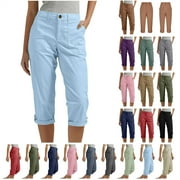 QATAINLAV Women's Twill Cargo Capri Pants Solid Casual Cuffed Hem Capris Summer Button Closure Cropped Trousers with Pockets Brown M Today Sales