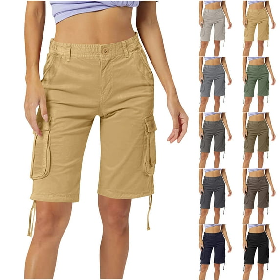 QATAINLAV Women's Twill Cargo Shorts with Multi Pockets Solid Color Button Casual Bermuda Hiking Shorts, Beige, 33