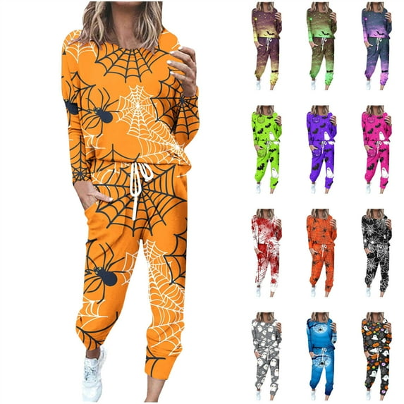 QATAINLAV Women's Two Piece Set Trendy Halloween Print Tracksuit Long Sleeve Pullover Tops and Drawstring Harem Sweatpants with Pockets Plus Size Lounge Sets Ofertas Relampago de Hoy Orange S