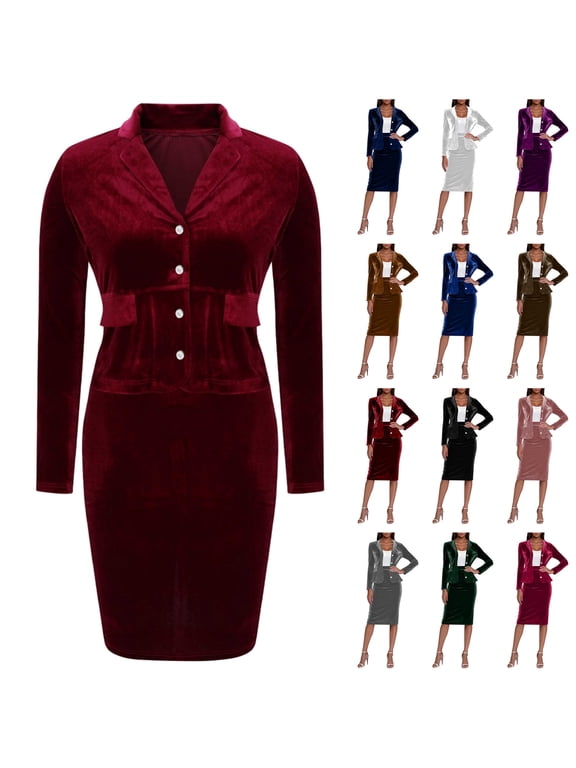 Women's Velvet 2 Piece Set Long Sleeve Button Blazer Jacket and Skirts Office Formal Business Casual Outfits, Brown, XXL