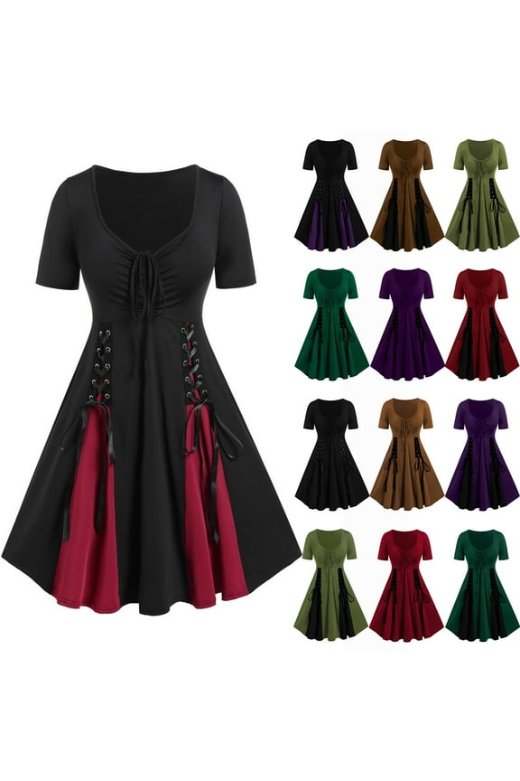 Women's Vintage Steampunk Dress Medieval Gothic Witch Dresses Halloween Patchwork A Line Short Sleeve Bandage Dress, Multicolor, XXL