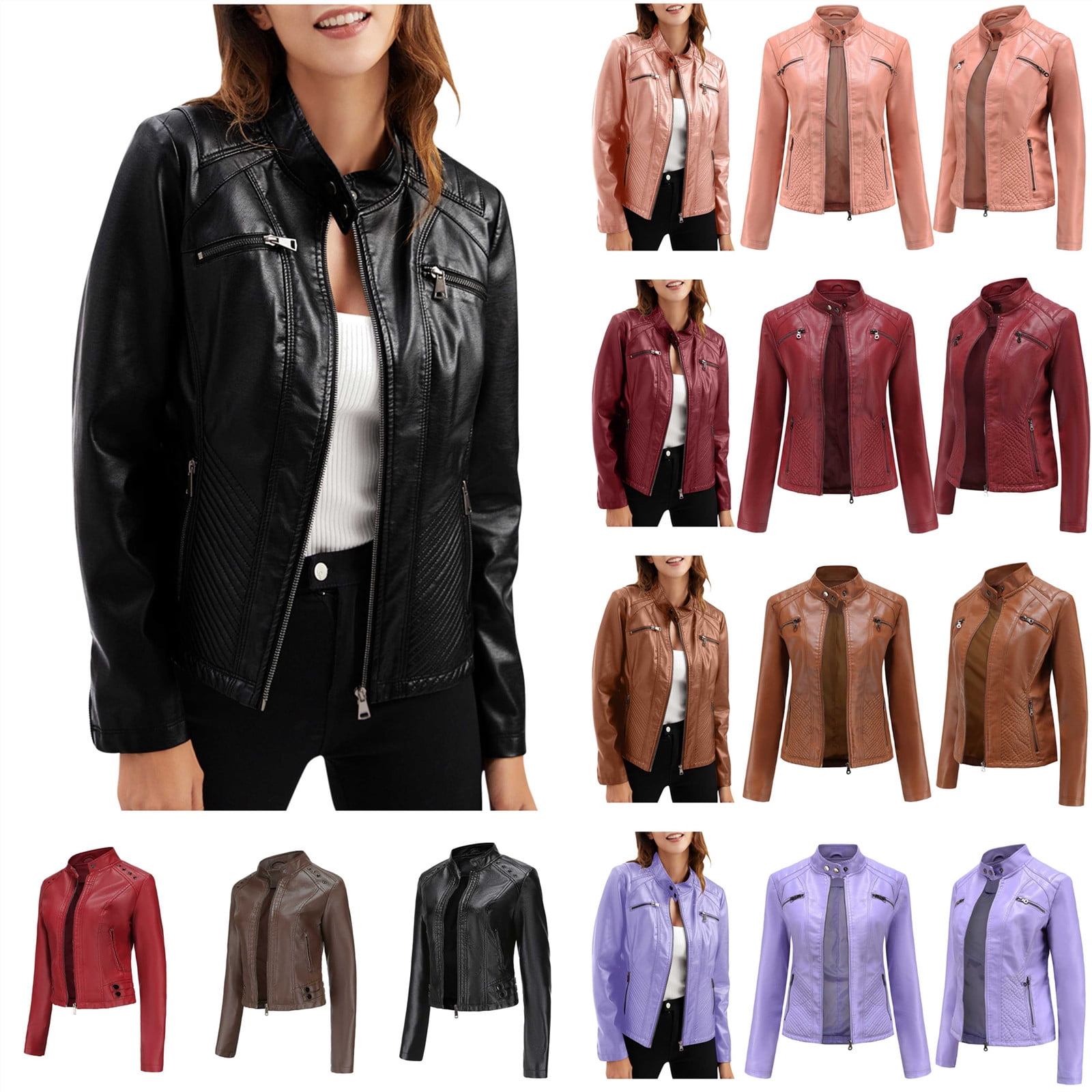 QATAINLAV Women's Winter Long Sleeve Zip Up Jacket Solid Vintage Faux Leather Motorcycle Jackets Going Out Outfits, Black, L
