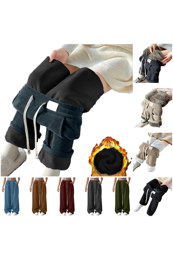 Women's Winter Warm Sherpa Lined Sweatpants Drawstring Wide Leg Trousers Solid Color Fleece Lounge Pant with Pockets, Khaki, XXL