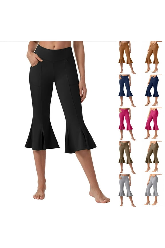 Women's Yoga Capri Pants Stretch Causal Athletic Capris Solid Elastic Waist Ruffle Hem Dance Leggings with Pockets Hot Pink M Today Prime Sales