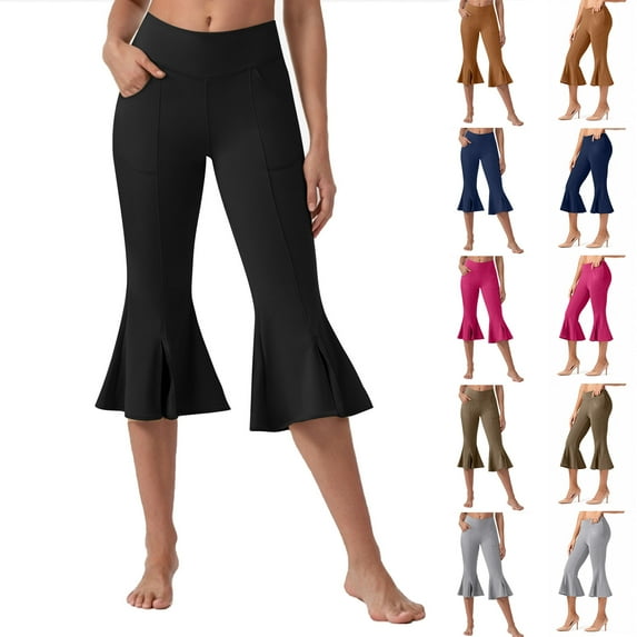 QATAINLAV Women's Yoga Capri Pants Stretch Causal Athletic Capris Solid Elastic Waist Ruffle Hem Dance Leggings with Pockets Khaki M Mother's Day Gifts