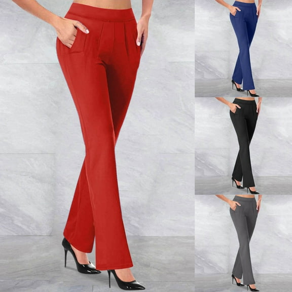QATAINLAV Women's Yoga Dress Pants Stretchy Work Business Casual Pants Solid Color Flare Trousers Pleated Elastic Waist Sweatpants with Pockets Sales Prime Red XL