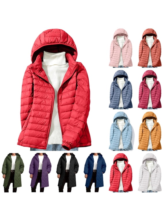 Women's Zip Up Warm Hooded Quilted Coat Solid Color Long Winter Puffer Jacket with Pockets for Outdoor Work Skiing, Blue, M