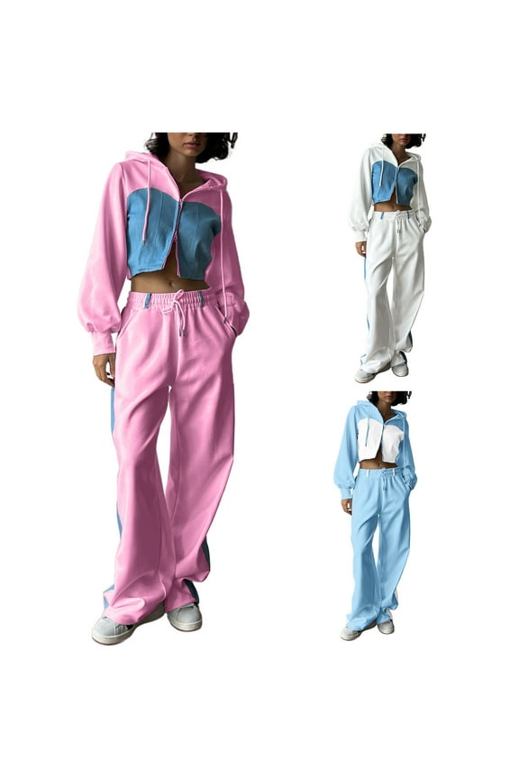 Womens 2 Piece Fall Outfits Fashion Denim Patchwork Zip Up Crop Hoodie and Wide Leg Jogger Pant Tracksuit Sets Streetwear, White, XL, Gifts for Girls