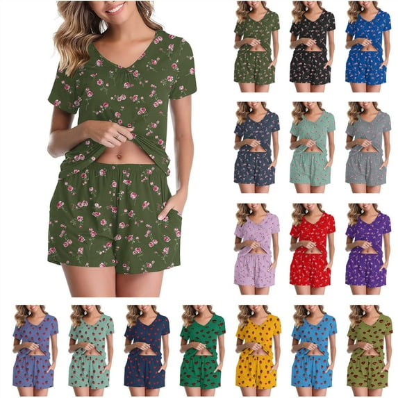 QATAINLAV Womens 2 Piece Outfits Casual V Neck Tees Shirts Matching Shorts Lounge Set Trendy Printed Pajamas Sets, Blue, XL