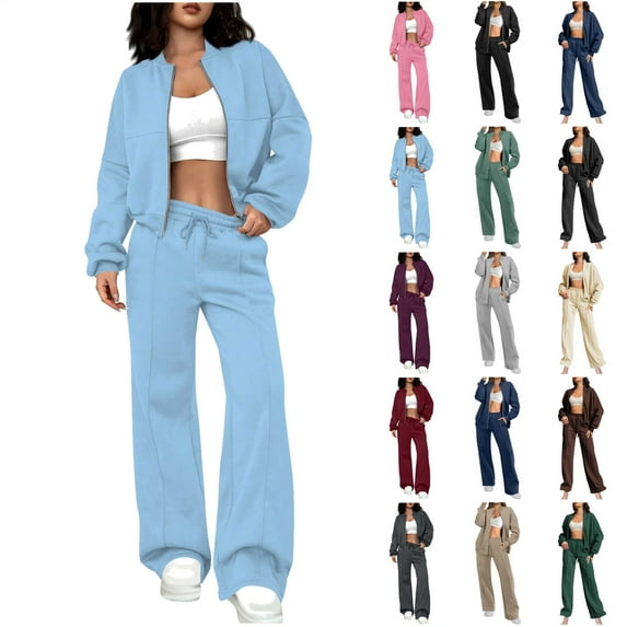 QATAINLAV Womens 2 Piece Outfits Sweatsuit Zip Up Bomber Jacket Wide Leg Sweatpant Matching Sweat Sets Fall Winter Fashion Clothes, Dark Gray, XXL, Birthday Gifts