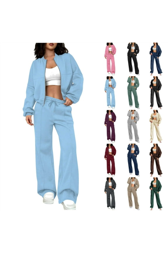Womens 2 Piece Outfits Sweatsuit Zip Up Bomber Jacket Wide Leg Sweatpant Matching Sweat Sets Fall Winter Fashion Clothes, Pink, L, Mothers Birthday Gifts