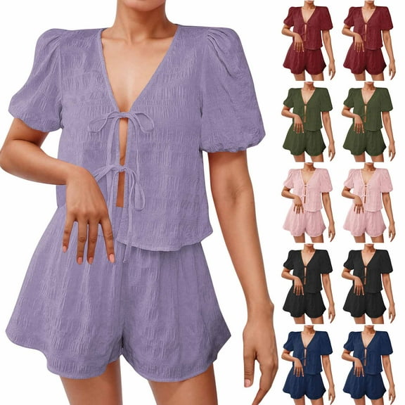 QATAINLAV Womens 2 Piece Short Sets Casual Textured Puff Sleeve Bow Tie Front Tops Matching Baggy Bermuda Shorts Summer Vacation Outfits Purple S