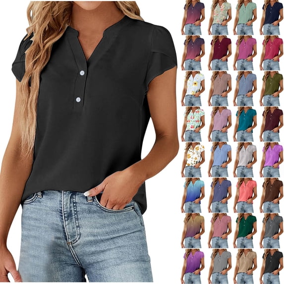 QATAINLAV Womens 2025 Summer Chiffon T Shirts Casual Button V Neck Henley Shirts Solid Color Tulip Hem Short Sleeve Blouse Tops Purple XXL Weekly Prime