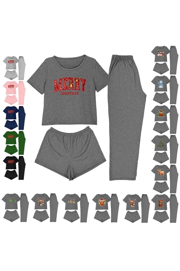 Womens 3 Piece Sets Pajamas Short Sleeve Sleepwear Shirts Long Pants and Shorts Matching Set Loungewear, Pink, XXL