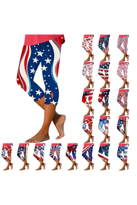 Womens 4th of July Leggings Stretch High Waist American Flag Soft Yoga Pants Summer Casual Knee Length Patriotic Legging Capris Navy XXL Camisas Para Hombres