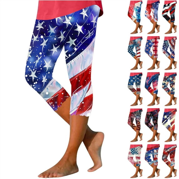 QATAINLAV Womens 4th of July Leggings Stretch Tummy Control Yoga Capri Pants American Flag Patriotic Cropped Legging Trousers Blue XXXXL Ofertas Relampago de Hoy