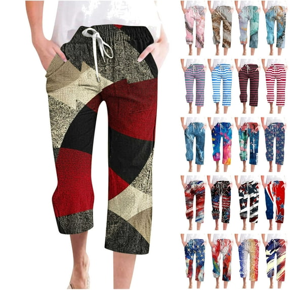 QATAINLAV Womens 4th of July Wide Leg Capris Pants Independence Day Patriotic Linen Capri Pant Summer Casual Drawstring Cropped Trousers with Pockets Red 3XL Summer Clearance Prime