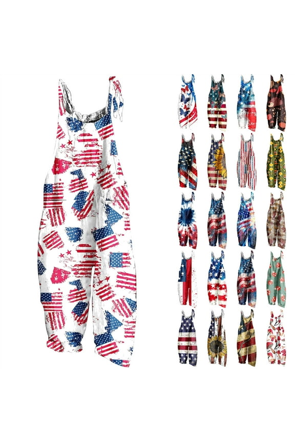 Womens American Flag Jumpsuit 4th of July Patriotic Romper 2025 Summer Adjustable Straps Linen Overalls Loose Wide Leg Onesie Pants with Pockets Red XL Ofertas de Hoy en Liquidación
