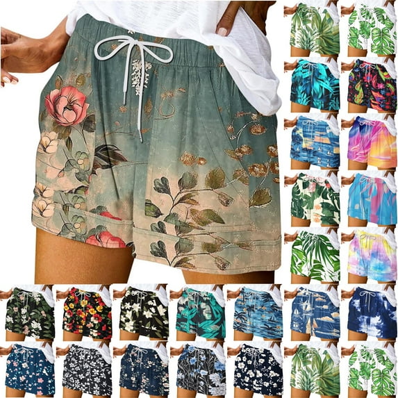 QATAINLAV Womens Athletic Shorts, 2025 Summer Casual Drawstring Beach Shorts Hawaiian Tropical Print 5 Inch Bermuda Shorts with Pockets Multicolor L Mother's Day Gifts