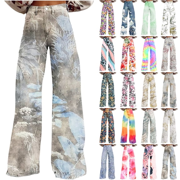 QATAINLAV Womens Baggy Wide Leg Jeans Button High Waisted Denim Trousers Trendy Leaf Print Jean Pants 2024 Fall Clothes Hoy Oferta Flash Multicolor XL