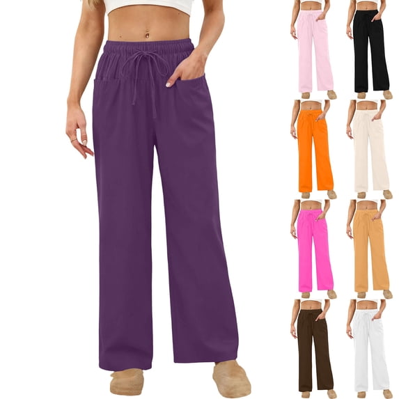 QATAINLAV Womens Baggy Wide Leg Pajama Pants Solid Color Casual Trousers Loungewear Drawstring Sweatpants with Pockets, Blue, XXL