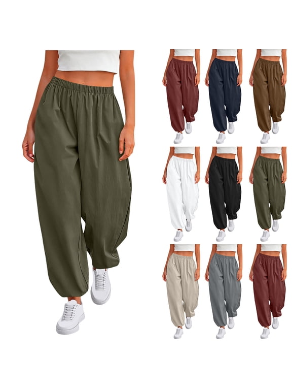 Womens Balloon Baggy Pants Trendy Casual Elastic Waist Wide Leg Harem Pants Sloid Color Pleated Lantern Trousers with Pockets Gray S