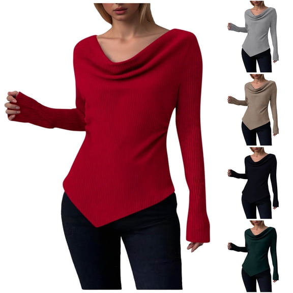 QATAINLAV Womens Bell Long Sleeve Shirts Casual Cowl Neck Asymmetrical Slim Fit Crop Tops Going Out Y2K Clothes, Khaki, S