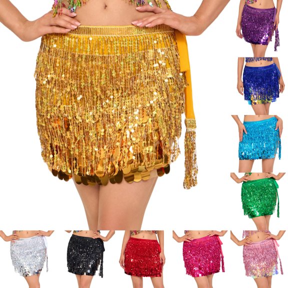 QATAINLAV Womens Belly Dance Hip Scarf Sequin Tassel Skirts Mardi Gras Sparkly Party Dance Costume Gold