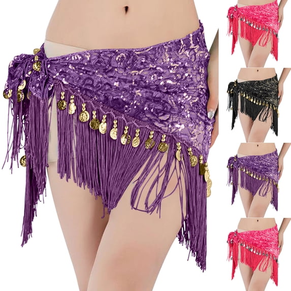 QATAINLAV Womens Belly Dance Hip Scarf Tassels Sequin Triangle Wrap Skirt Festival Party Night Out Solid Outfits Purple