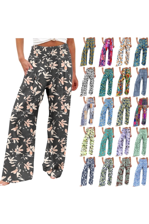 Womens Boho Wide Leg Palazzo Pants Summer Casual Loose Comfy Linen Work Pants Trendy Floral Print Beach Pants Vacation Clothes Multicolor S Ofertas Flash Del Dia