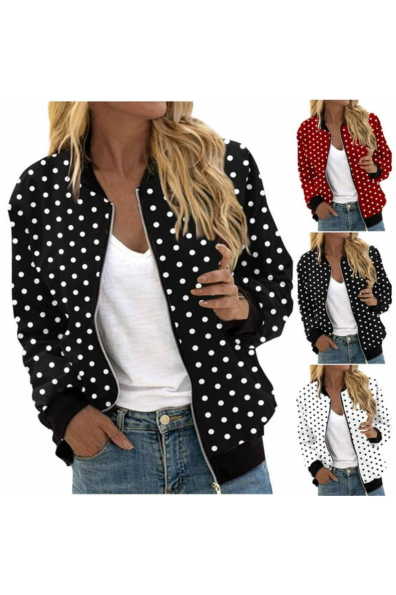 Womens Bomber Jacket Stand Collar Polka Dots Jacket Full Zip Up Casual Jackets Fall Fashion Street Style Coats Outerwear