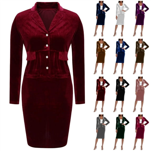 QATAINLAV Womens Business Casual Outfits Solid Color Velvet 2 Piece Sets Button Long Sleeve Suit Jacket and Skirts Dressy Formal Sets, Brown, XL