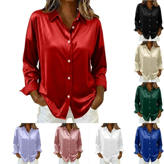 QATAINLAV Womens Business Casual Tops Long Sleeve Satin Silk Blouse Dressy Button Down Work Shirts, Army Green, M