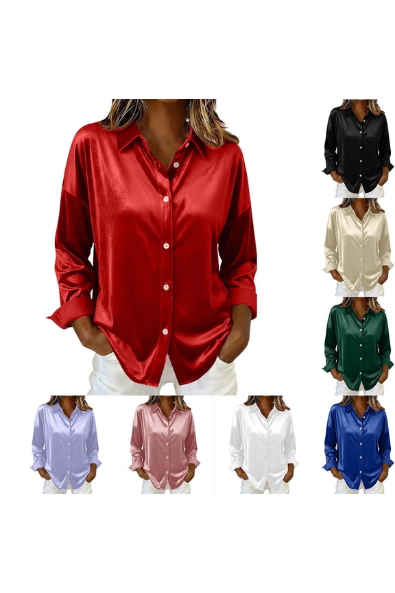 Womens Business Casual Tops Long Sleeve Satin Silk Blouse Dressy Button Down Work Shirts, Army Green, M