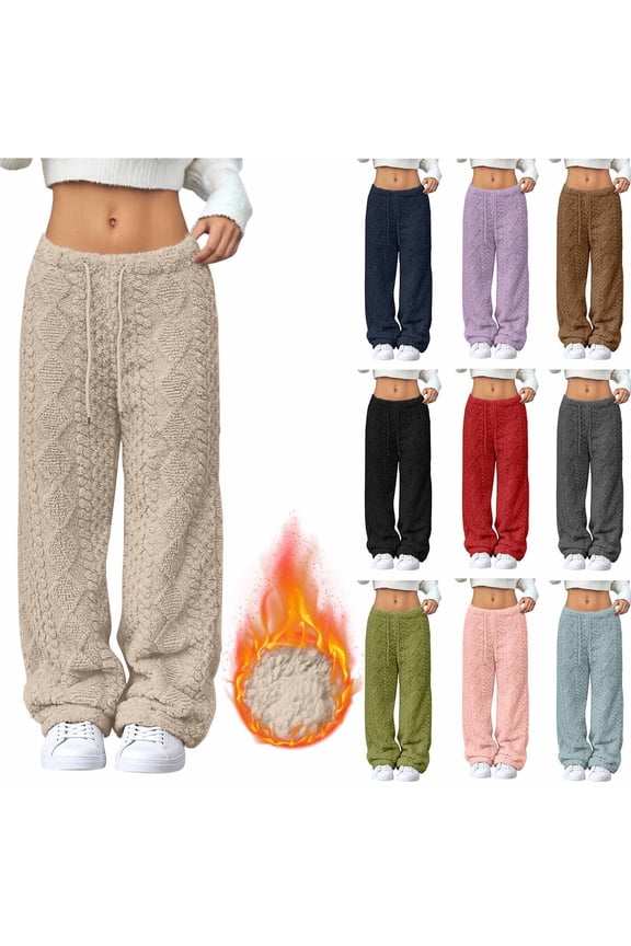 Womens Cable Knit Wide Leg Pants Casual Drawstring Fleece Warm Pajamas Pant Solid Color Loose Lounge Trousers Sleepwear, Pink, L