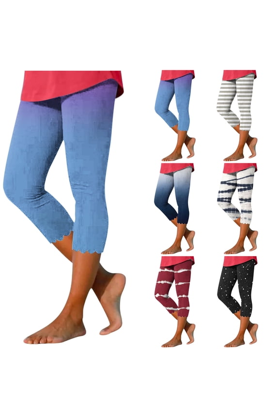Womens Capri Leggings Casual Stretch High Waisted Workout Yoga Pants Trendy Printed Cropped Legging Capris Navy XXL