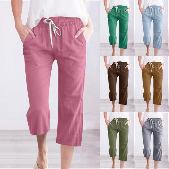QATAINLAV Womens Capri Pants with Pockets Cotton Linen Wide Leg Capris Solid Casual Cropped Trousers Drawstring Straight Lounge Pants Prime Sales of The Day Khaki XXL