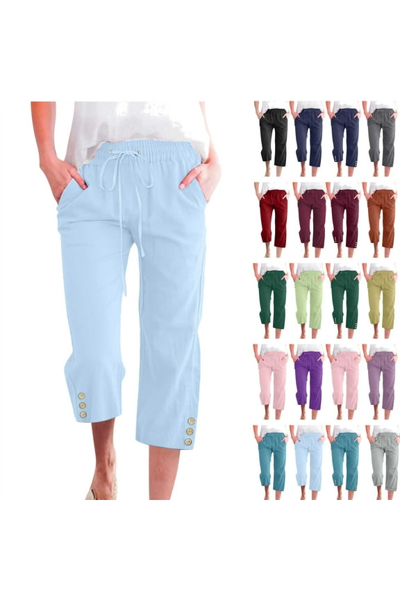 Womens Capri Pants Summer Casual Cotton Linen Beach Pants Drawstring Elastic Waist Straight Leg Capris Solid Loose Plus Size Cropped Trousers with Pockets Brown XXXXXL Clearance Items
