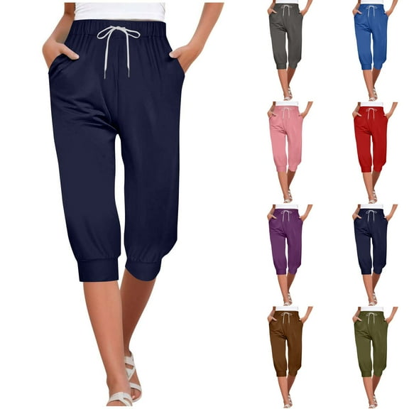 QATAINLAV Womens Capri Pants Summer Casual Drawstring High Waist Cropped Sweatpants Loose Fit Cuffed Leg Capris Solid Color Yoga Joggers Short Pants with Pockets Purple S Lightning Sale