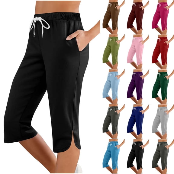 QATAINLAV Womens Capri Pants for Summer Casual Split Hem Drawstring Elastic Waist Cropped Pant Solid Knee Length Lightweight Hiking Capris Army Green L Birthday Gifts