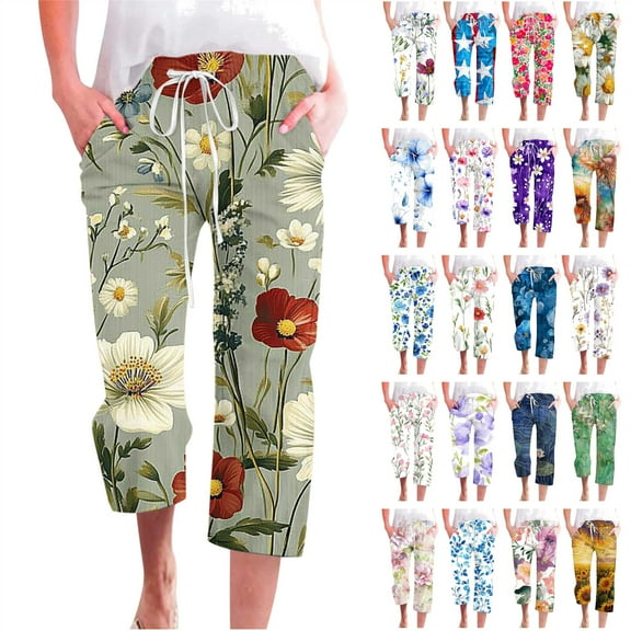 QATAINLAV Womens Capri Pants Summer Cotton Linen Beach Pants Fashion Floral Print Straight Leg Cropped Trousers Casual Drawstring Elastic Waist Capris Dark Blue L Limited Time Sale