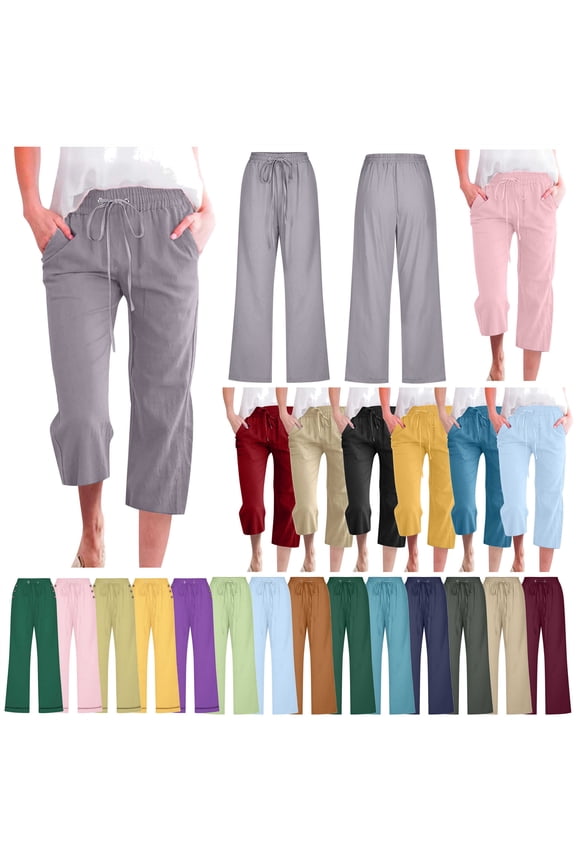 Womens Capris Casual Cotton Linen Straight Leg Capri Pant Drawstring Elastic Waist Cropped Trousers 2025 Summer Beach Vacation Outfits Sky Blue XXL Sales for Today