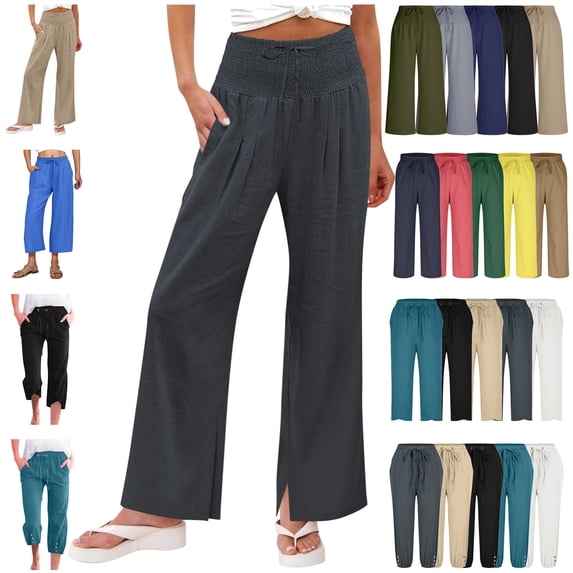 QATAINLAV Womens Capris Pants High Waist Drawstring Comfy Casual Pants Lightweight Loose Buttons Trim Trousers with Pockets, Black, S