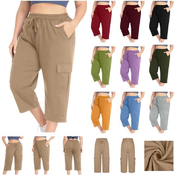 QATAINLAV Womens Capris with Pockets Plus Size Cotton Capri Yoga Pants Drawstring High Waisted Cropped Sweatpants Loose Fit Activewear Green XXXXL