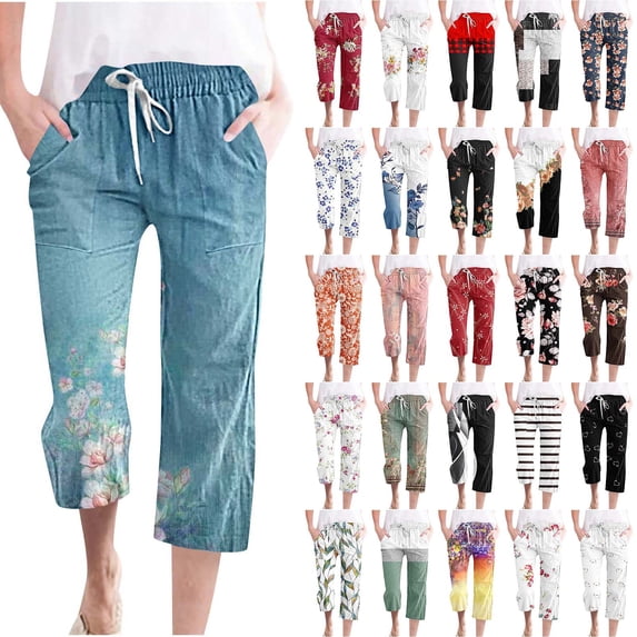 QATAINLAV Womens Capris with Pockets Summer Linen Straight Leg Cropped Trousers 2024 Fashion Floral Print Capri Pants Casual Drawstring Beach Pants Daily Sales Multicolor L