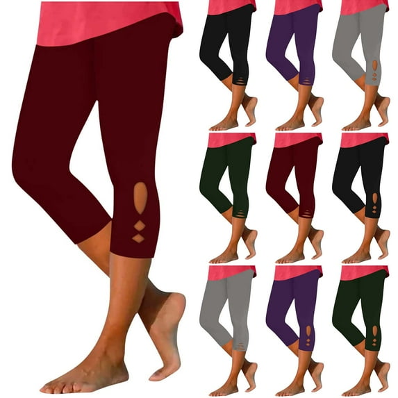 QATAINLAV Womens Capris for Summer Dressy Cropped High Waist Hallow Out Yoga Pants Solid Color Comfy Stretchy Leggings Workout Compression Capri Pant Wine S Prime Sales