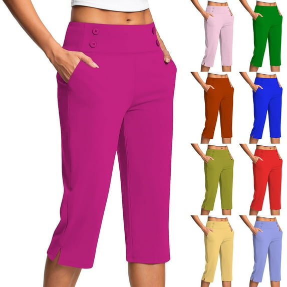 QATAINLAV Womens Capris for Summer Plus Size Side Split Cropped Pants Elastic High Waist Casual Office Work Trousers with Pockets Green XXL Ofertas de Hoy en Liquidación