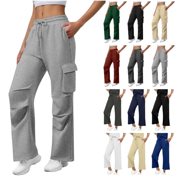 QATAINLAV Womens Cargo Sweatpants with Pockets Wide Leg Fleece Lined High Waisted Sweat Pants Athletic Workout Joggers, Army Green, XL