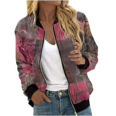 QATAINLAV Womens Casual Bomber Jacket Floral Print Baseball Jacket Lightweight Zip Up Flight Jacket Outerwear Windbreaker with Ribbed Cuffs and Pockets Deals of the Day Pink L